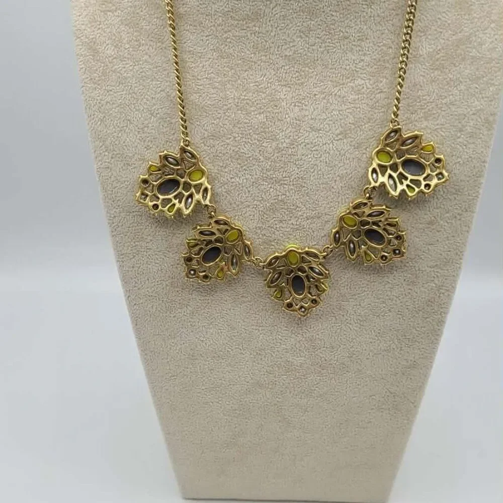 J Crew Factory Gray Yellow Resin Clear Crystal Statement Necklace NWT! NEW!
